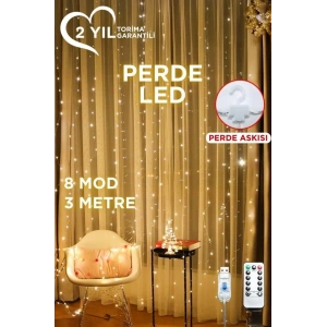 Lw-7 300 Ledli 10 Sarkıt Perde Led Işık, 8 Modlu Uzaktan Kumandalı, 3x3 Metre Peri Telli Led