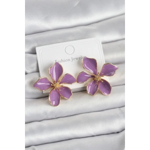 Mor Mineli Çiçek Model Pirinç Kadın Küpe