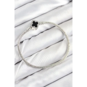 Pirinç Charm Zirkon Taşlı Yonca Model Gümüş Renk Kadın Bileklik