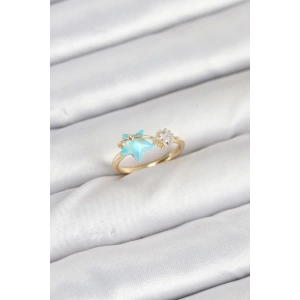 Pirinç Gold Renk Mavi Yıldızlı Model Kadın Yüzük