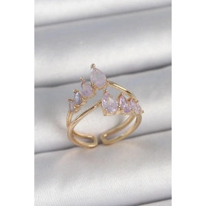 Pirinç Gold Renk Mor Damla Zirkon Taşlı Taç Model Kadın Yüzük