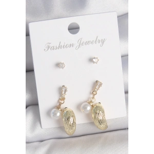 Pirinç Gold Renk Zirkon Taşlı İncili Sallantılı İşlemeli Damla Model 3 Çift Kadın Küpe Seti