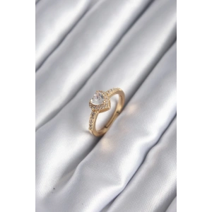 Pirinç Gold Renk Zirkon Taşlı Kalp Charm Model Kadın Yüzük