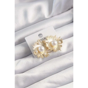 Pirinç Gold Renk Zirkon Taşlı Parlayan İnci Taneleri Küpe