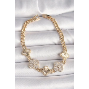 Pirinç Gold Renk Zirkon Taşlı Yonca Model Kadın Bileklik