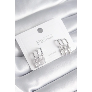 Pirinç Gümüş Renk 3lü Sallantı Zirkon Taşlı Küpe