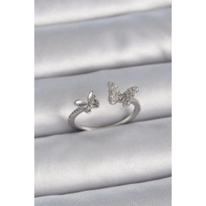 Pirinç Gümüş Renk Ayarlanabilir Zirkon Taşlı Kelebek Model Kadın Yüzük
