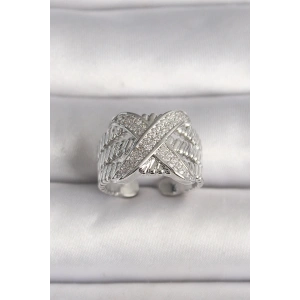 Pirinç Gümüş Renk Ayarlanabilir Zirkon Taşlı X Model Kadın Yüzük