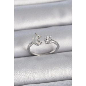 Pirinç Gümüş Renk İncili Hilal Zirkon Taşlı Yıldız Ayarlanabilir Kadın Yüzük