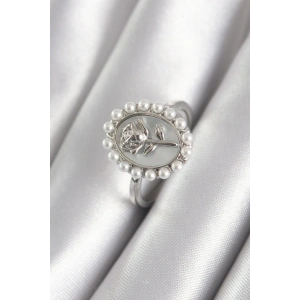 Pirinç Gümüş Renk Portre Gül Model İnci Detay Kadın Yüzük