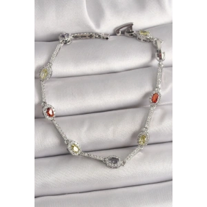 Pirinç Gümüş Renk Renkli Zirkon Taşlı Damla Taş Model Kadın Bileklik