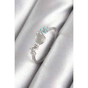 Pirinç Gümüş Renk Zirkon Taş Detaylı Beyaz Sedefli Çiçek Model Kadın Yüzük