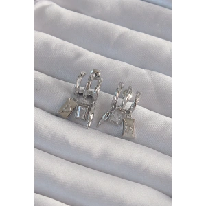 Pirinç Gümüş Renk Zirkon Taşlı Çoklu Aksesuarlı Yarım Halka Kaburga Küpe