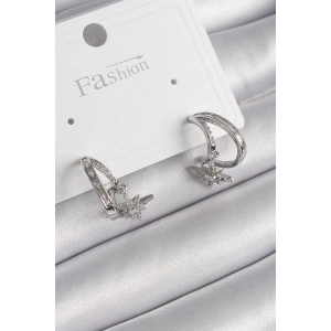 Pirinç Gümüş Renk Zirkon Taşlı Halka Model Sallantı Yıldız Detay Kadın Küpe