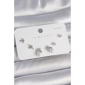 Pirinç Gümüş Renk Zirkon Taşlı Kelebek Model İnci Detay 925 Ayar Gümüş Çivi Kadın Küpe Seti