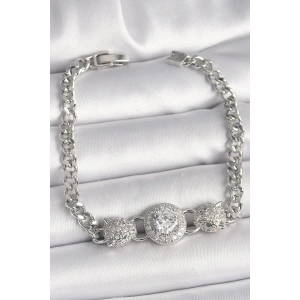 Pirinç Gümüş Renk Zirkon Taşlı Leopar Figür Zincir Model Kadın Bileklik