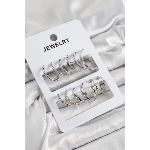 Pirinç Karışık Halka Model Gümüş Renk 6 Çift Kadın Küpe Set