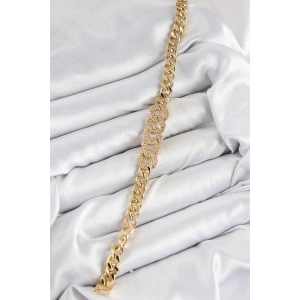 Pirinç Zirkon Taşlı Ezme Küba Zincir Model Gold Renk Kadın Bileklik
