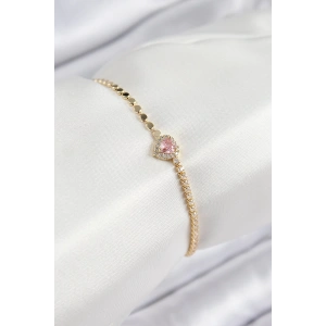 Pirinç Zirkon Taşlı Kalp Model Ezme Zincir Gold Renk Kadın Bileklik