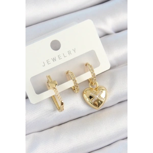 Pirinç Zirkon Taşlı Kalp Model Gold Renk 3lü Çift Kadın Küpe Set