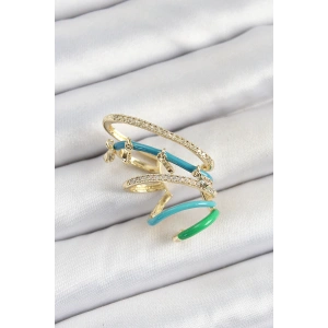 Pirinç Zirkon Taşlı Mavi Yeşil Sıkıştırma Sağ Kıkırdak Gold Renk Kadın Küpe