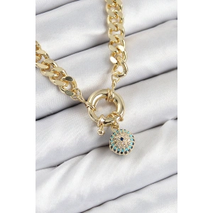 Pirinç Zirkon Taşlı Nazar Boncuk Detaylı Klasik Zincir Model Gold Renk Kadın Kolye