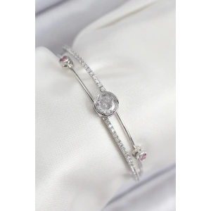 Pirinç Zirkon Taşlı Pırlanta Model Gümüş Renk Kadın Bileklik