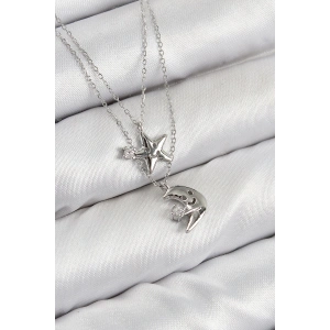 Pirinç Zirkon Taşlı Yıldız Ve Ay Model Gümüş Renk Kadın Kolye