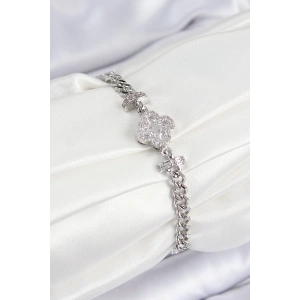 Pirinç Zirkon Taşlı Yonca Model Gümüş Renk Kadın Bileklik