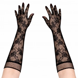 Siyah Uzun Gül Desenli Dantel Kadın Eldiveni