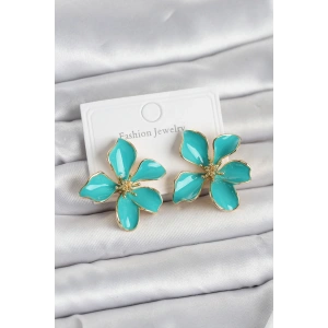 Turkuaz Mineli Çiçek Model Pirinç Kadın Küpe