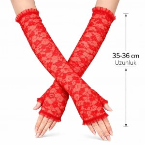 Uzun Zarif Dantel Eldiven Parmaksız Kırmızı 35 Cm