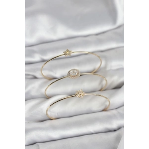 Zirkon Taşlı Gold Renk Tek Taş Model 3lü Kadın Bileklik Kombini