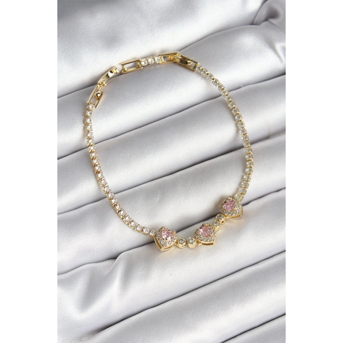 Pirinç Sıralı Pembe Kalp Figürlü Zirkon Taşlı Gold Renk Kadın Bileklik
