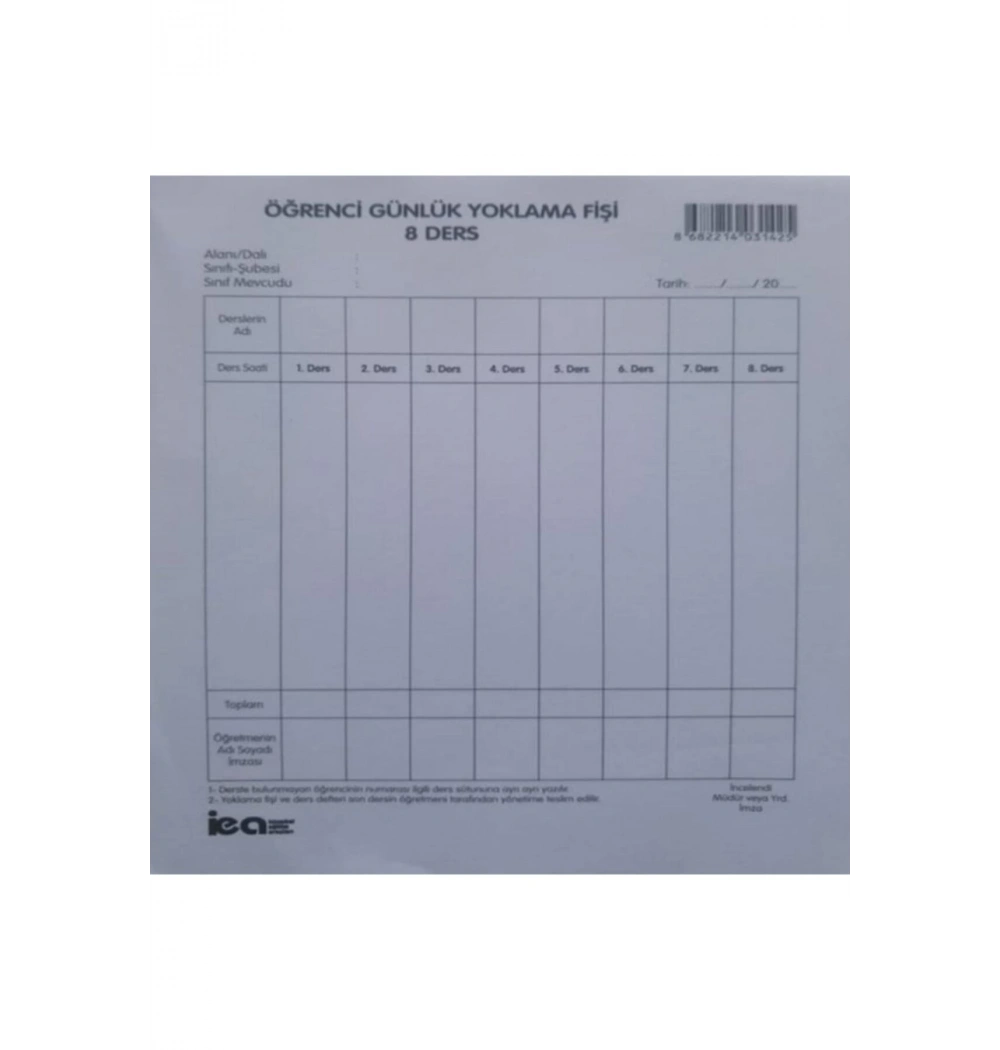 Öğrenci Günlük Yoklama Fişi 8 Ders İea