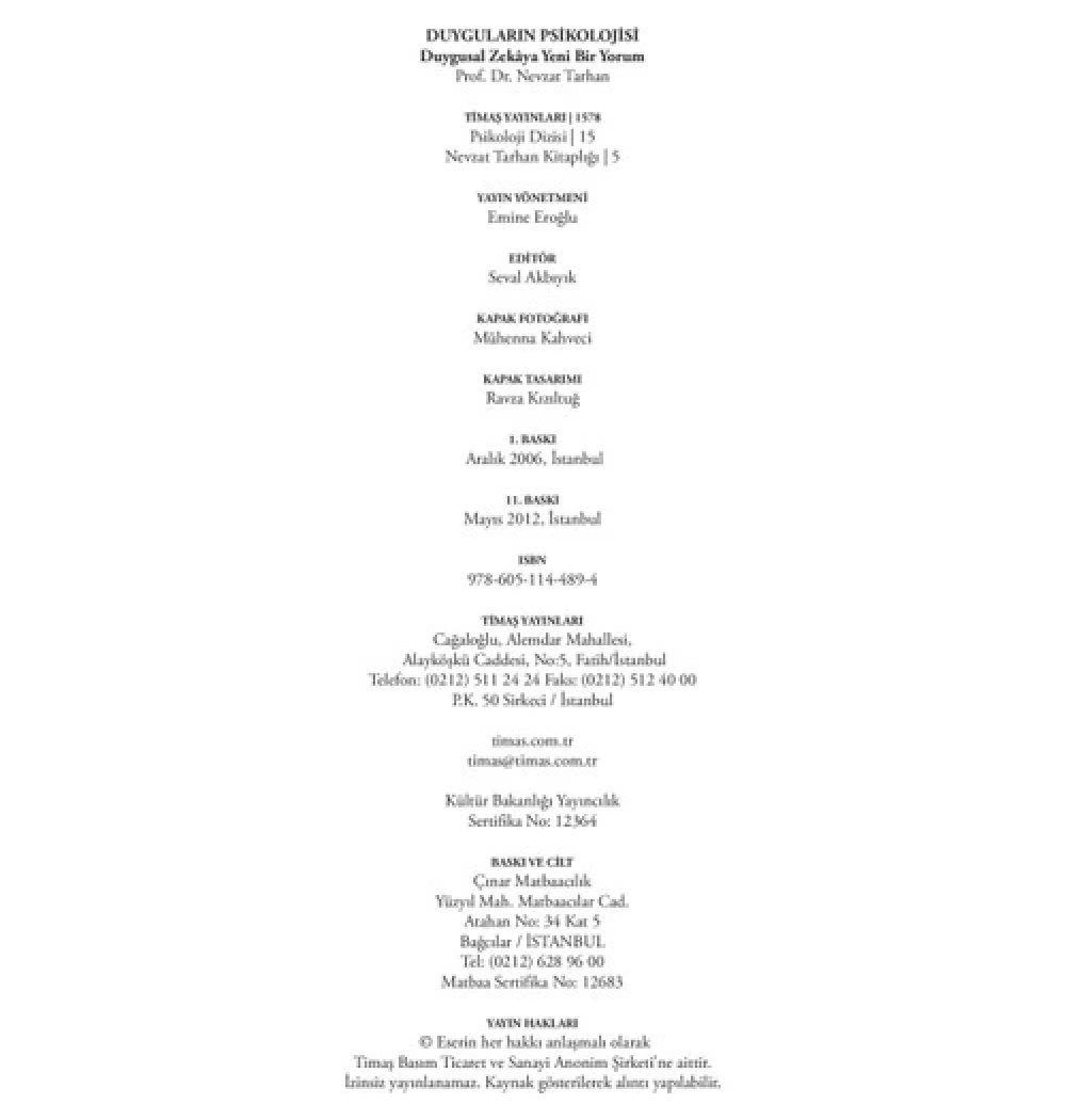 Duyguların Psikolojisi Ve Duygusal Zeka Nevzat Tarhan Timaş