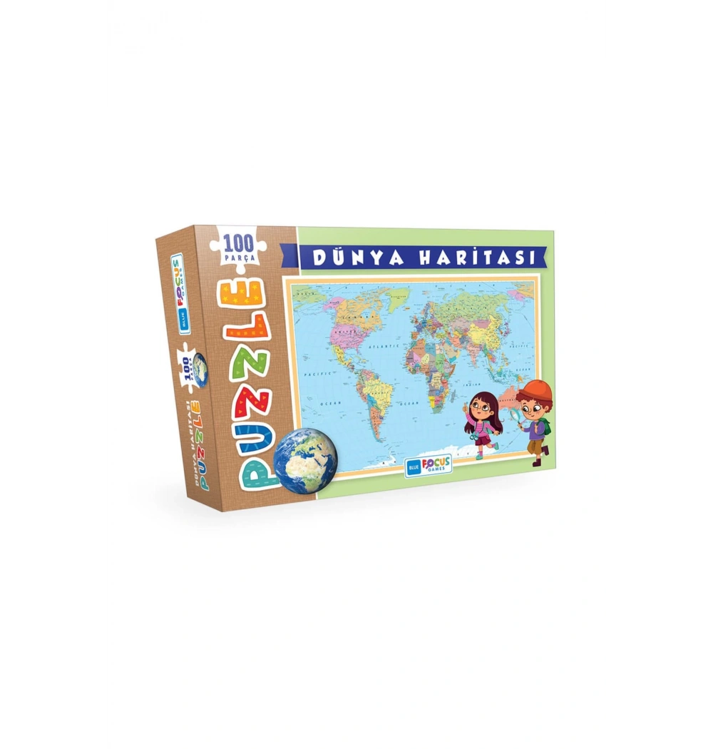 Blue Focus 100 Parça  Kutulu Puzzle Dünya Haritası Mavi Lale