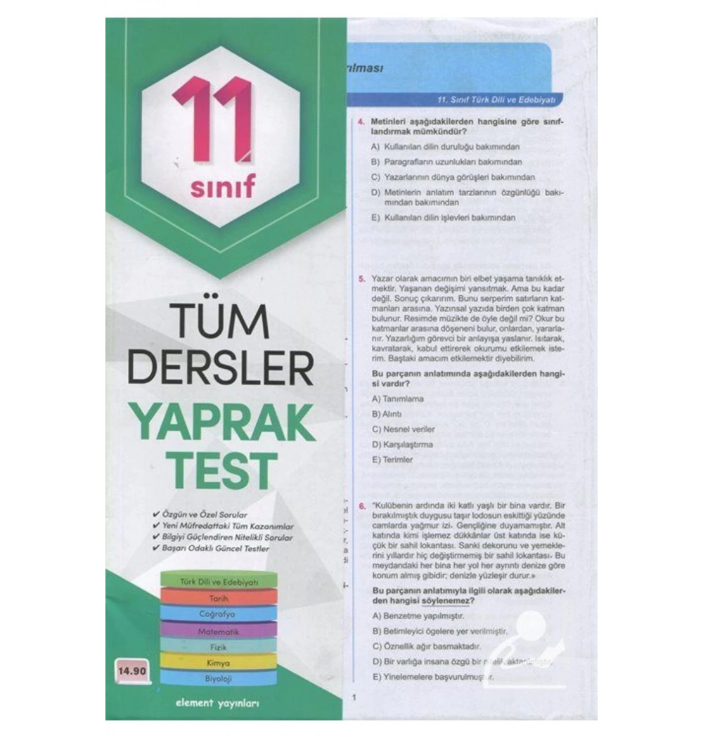 11.Sınıf Tüm Dersler Yaprak Test   Element