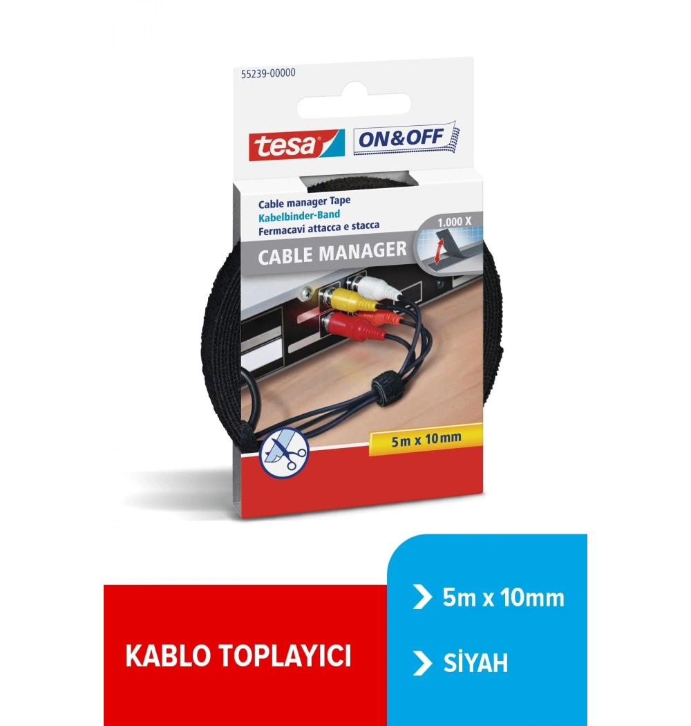Tesa 55239 On&Off Kablo Bağlayıcı Bant Organizatörü 5Mx10Mm Siyah