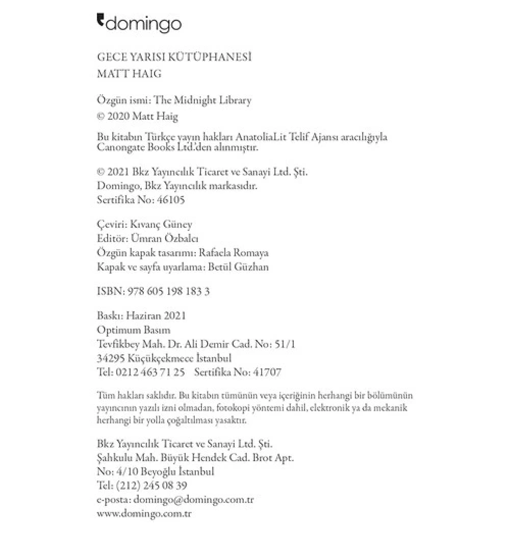 Gece Yarısı Kütüphanesi Matt Haıg Domingo
