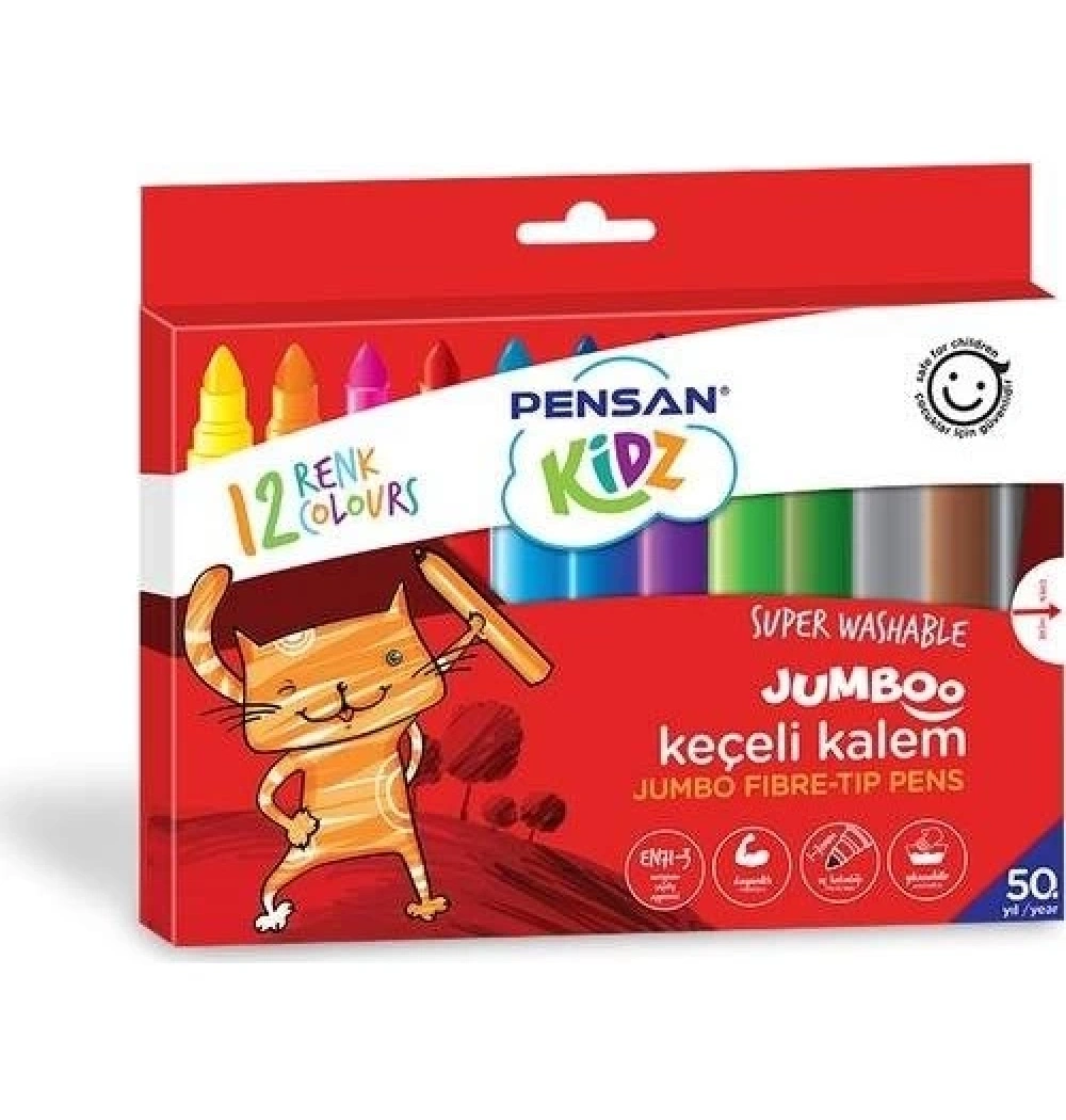 Pensan Kidz Temizlenebilir Jumbo Keçeli Kalem 12 Renk