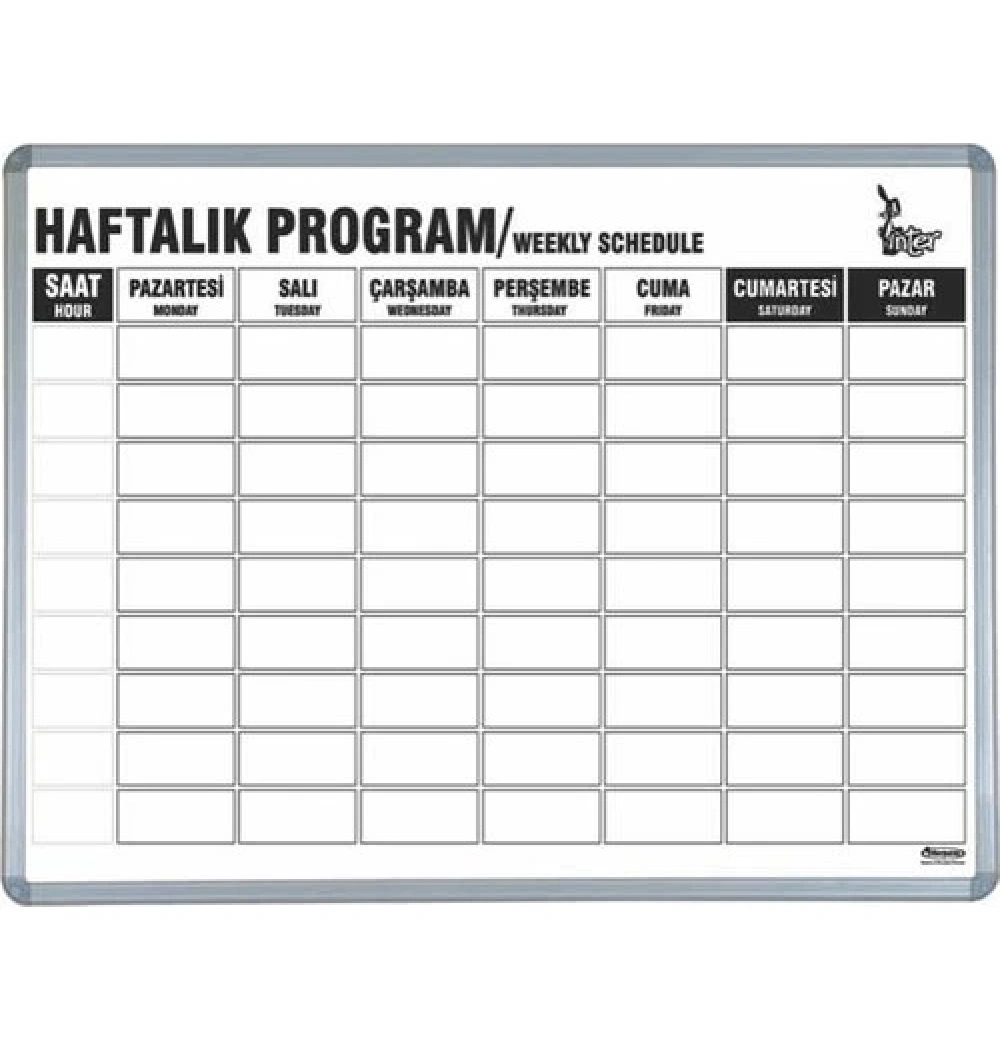90X60  Elegant Çerç.Haftalık Ders Programı Panosu Duvara Monte