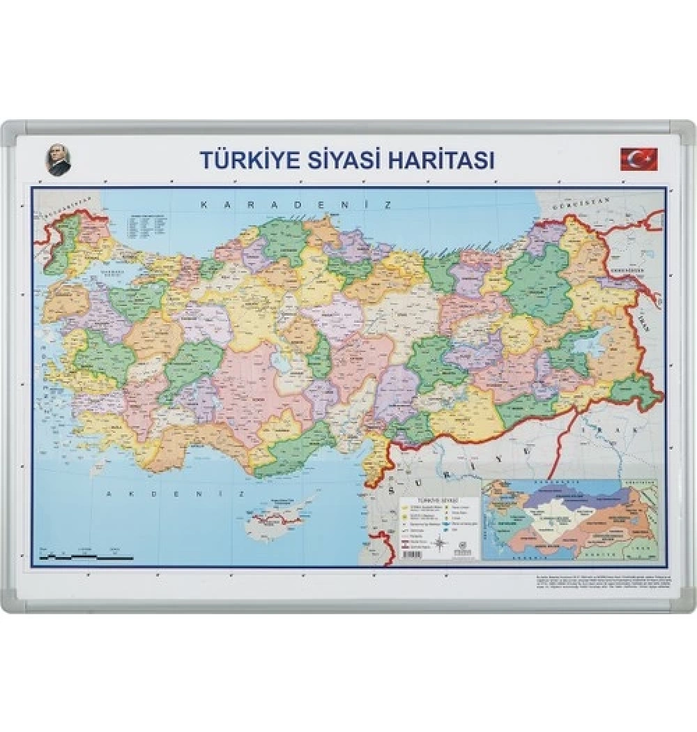İnter 70X100 Alüminyum Çerçeve Duvara Monte Türkiye Siyasi Haritası Kod:Int- 814
