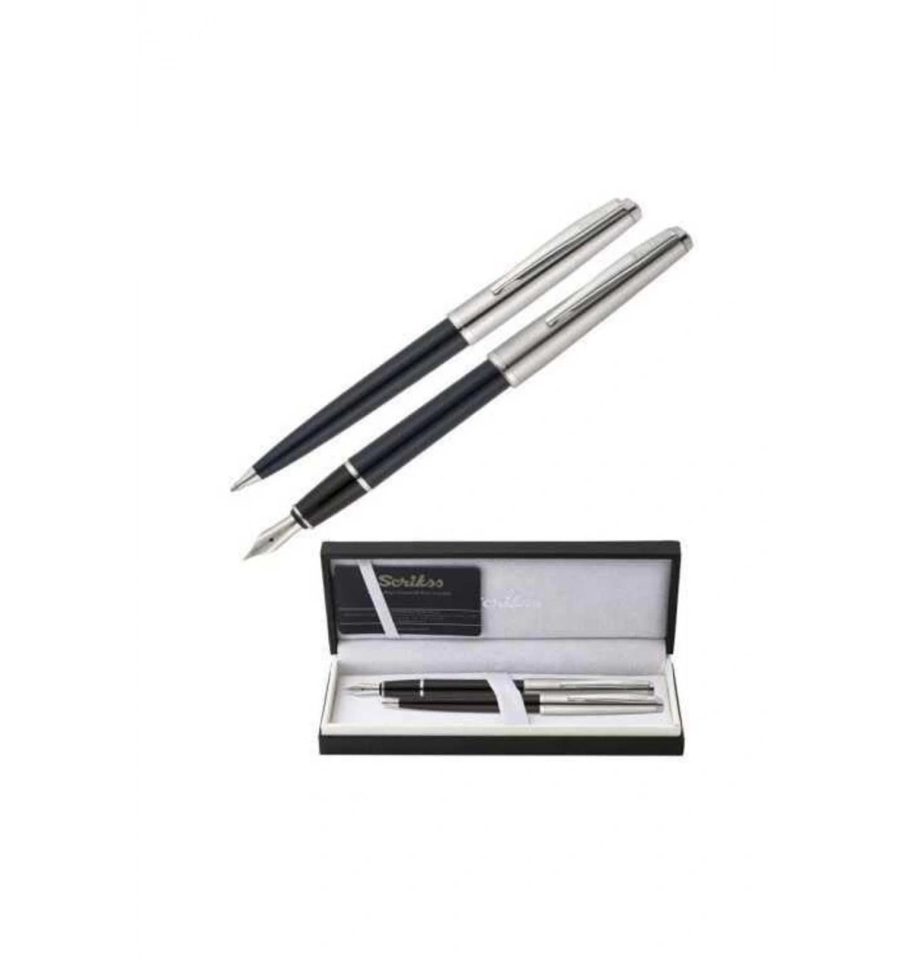 Scrikss 78 Dolmakalem & Tükenmez Kalem Yarı Krom Takım Siyah Lüks Kutu