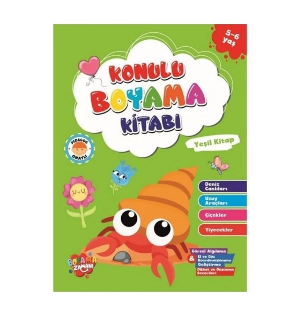 Konulu Boyama Kitabı Yeşil 5-6 Yaş  Uzay Aracları Çiçek Yiyecek Deniz Canlıları  Koloni