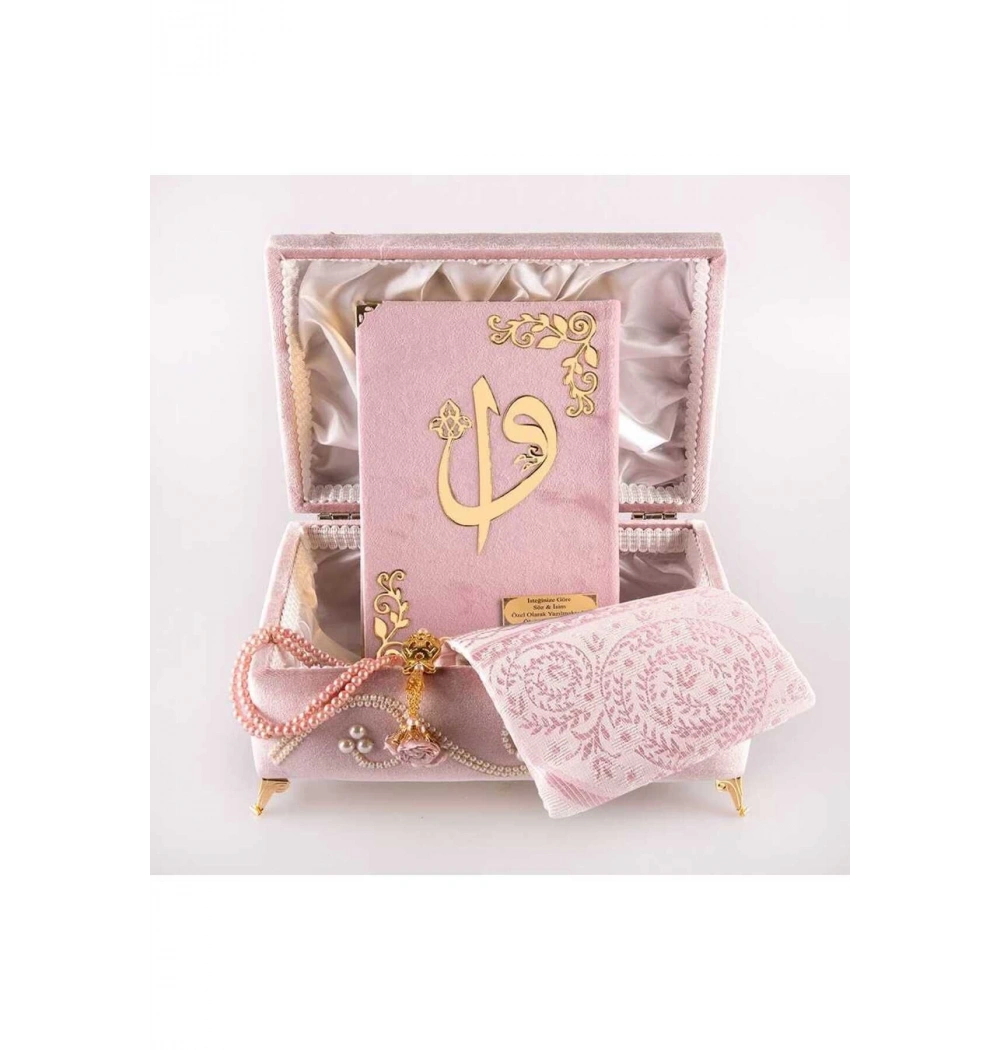 Hayrat 571 Çeyizlik Pleksili Orta Boy Kadife Kuranı Kerim Ayaklı Pembe Renk