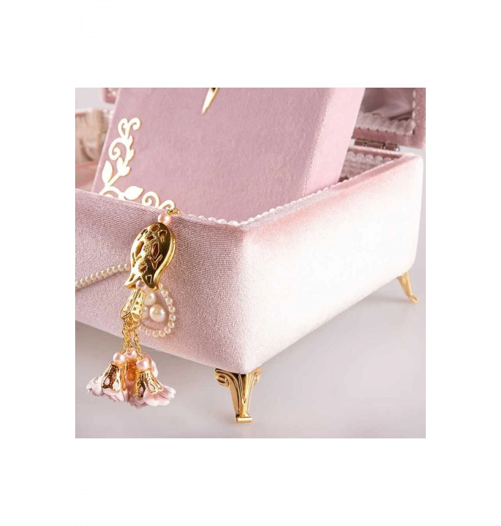 Hayrat 571 Çeyizlik Pleksili Orta Boy Kadife Kuranı Kerim Ayaklı Pembe Renk