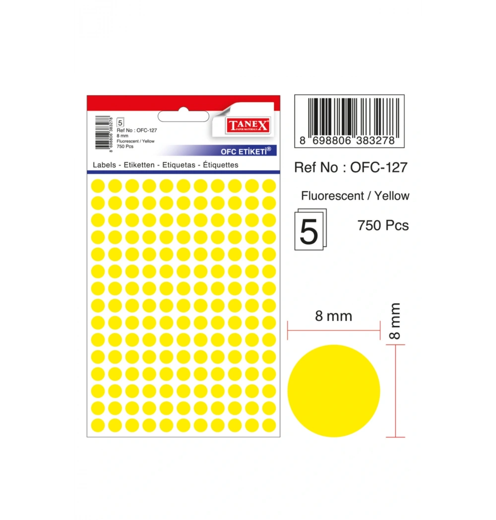Tanex Ofc-127 Flo Sarı Ofis Etiketi 5Li
