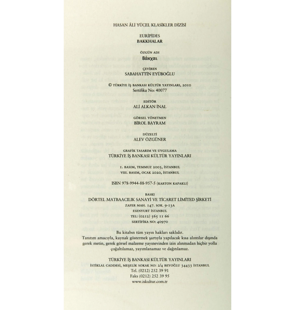 Bakkhalar  Euripides  İş Bankası