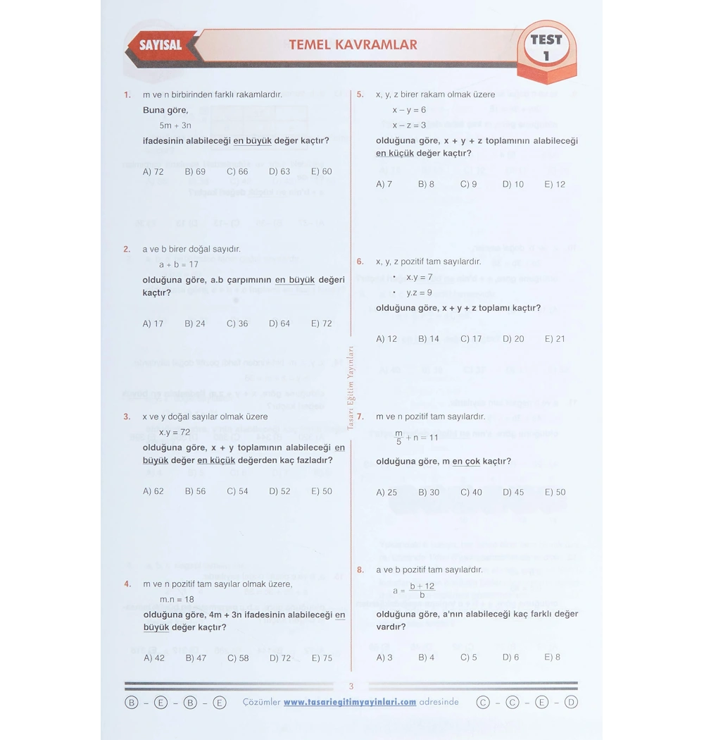 Tasarı Dgs Matematik Çözümlü Soru Bankası